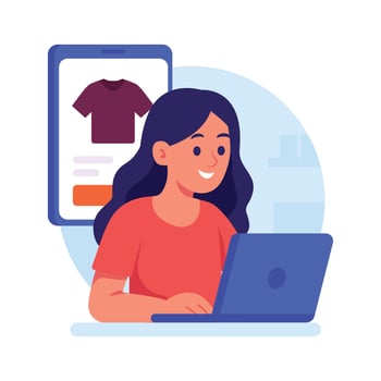A cheerful young woman is depicted shopping for a t- shirt on a laptop. vector