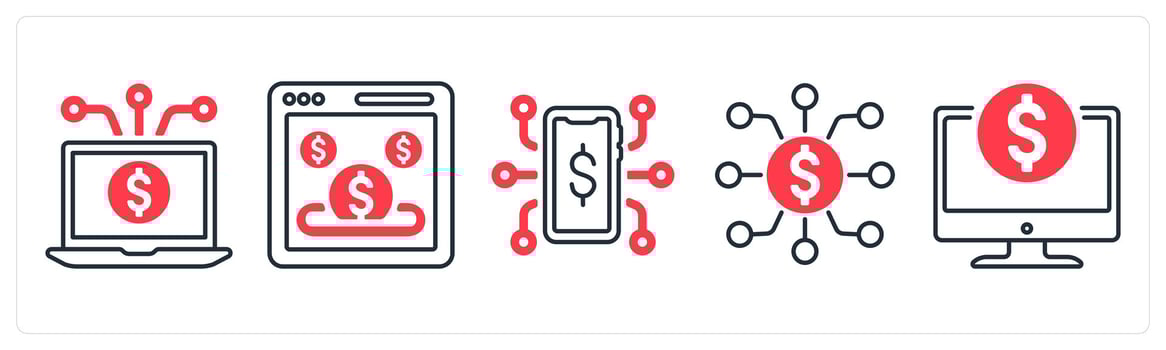 A set of 5 mix icons as money transaction, payment page, money network in red color vector
