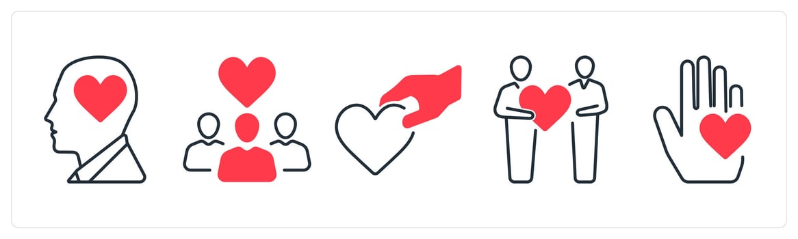 A set of 5 mix icons as kind, organization, help in red color vector