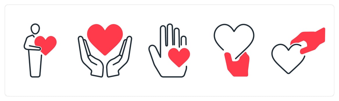 A set of 5 mix icons as donation, charity, help in red color vector