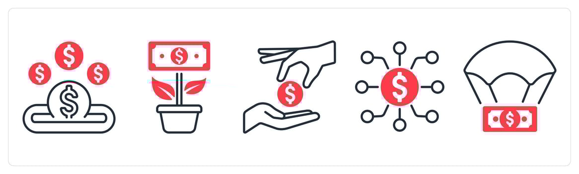 A set of 5 mix icons as funds, money plant, investment in red color vector