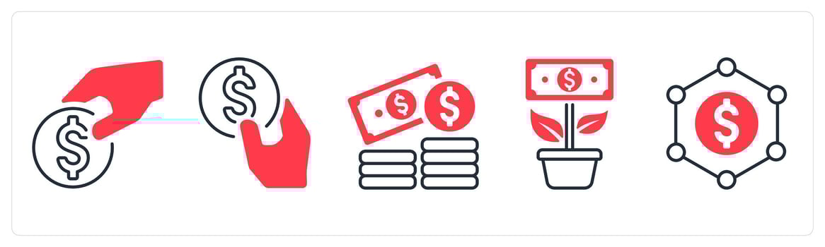 A set of 5 mix icons as finance, fundraising, money plant in red color vector