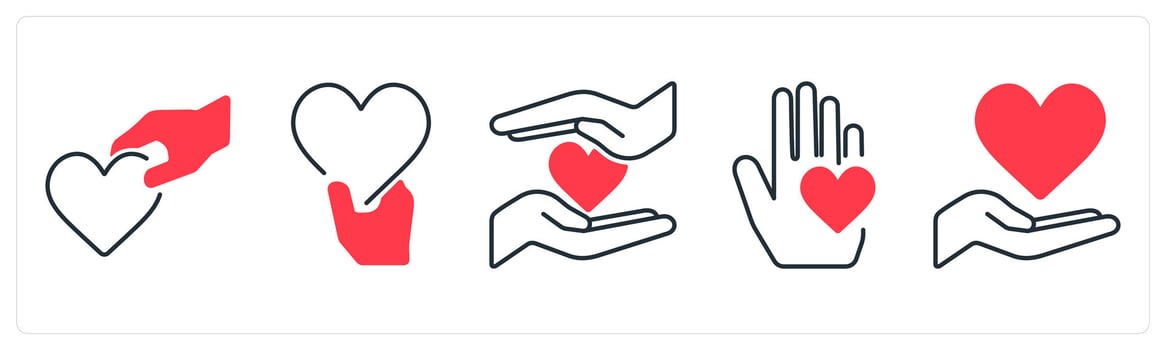 A set of 5 mix icons as help, charity, donation in red color vector