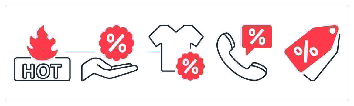 A set of 5 mix icons as hot deal, discount, sale offer in red color vector
