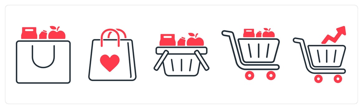 A set of 5 mix icons as cart items, favorite, ecommerce in red color vector
