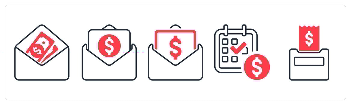 A set of 5 mix icons as email funds, banking, salary envelope in red color vector