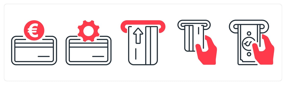 A set of 5 mix icons as credit card, car settings, insert card in red color vector