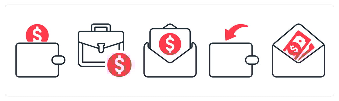 A set of 5 mix icons as savings, money bag, banking in red color vector