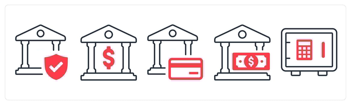 A set of 5 mix icons as approved bank, bank, bank wallet in red color vector