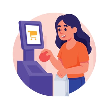 Woman scanning items for payment at self-service checkout. vector