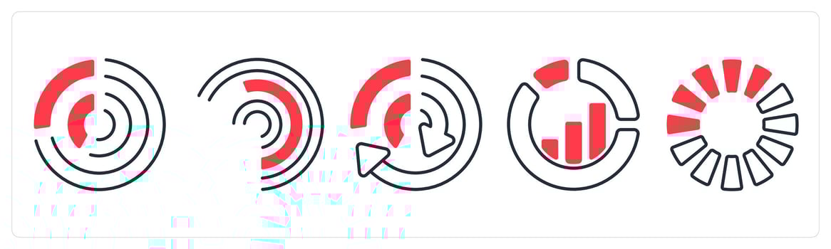 A set of 5 mix icons as pie chart, analysis, comparison in red color vector