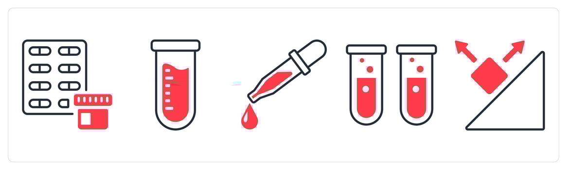 A set of 5 mix icons as medicine, test tube, dropper in red color vector