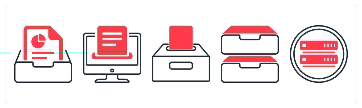 A set of 5 mix icons as save document, save, save in drive in red color vector