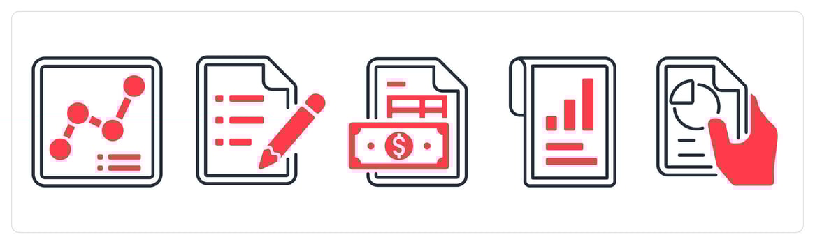 A set of 5 mix icons as growth chart, text document, invoice in red color vector