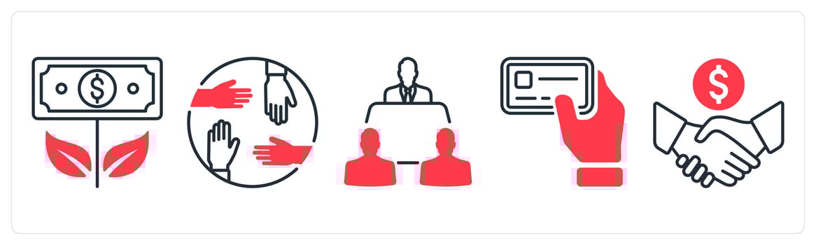A set of 5 mix icons as money plant, teamwork, lecture in red color vector