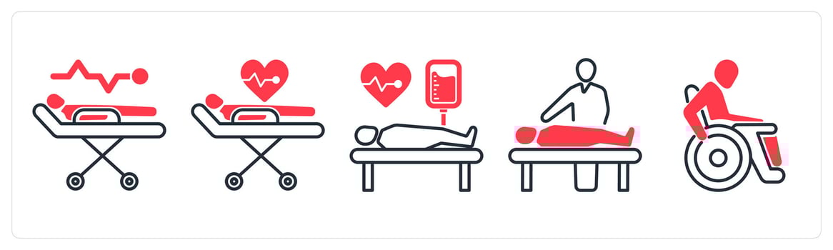 A set of 5 mix icons as medical supervision, medical treatment, blood transfusion in red color vector
