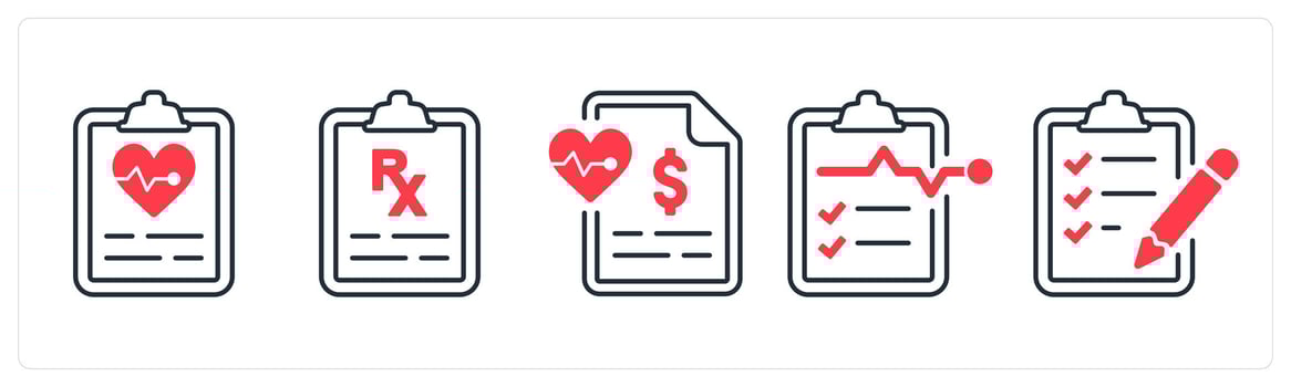 A set of 5 mix icons as medical report, prescription, medical bill in red color vector