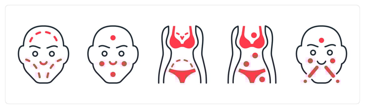 A set of 5 mix icons as facial plastic surgery, dermatology, plastic surgery in red color vector