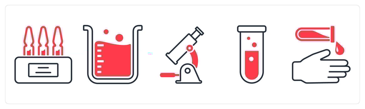 A set of 5 mix icons as ampoule, lab beaker, microscope in red color vector
