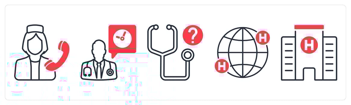 A set of 5 mix icons as medical support, doctor on duty, health question in red color vector