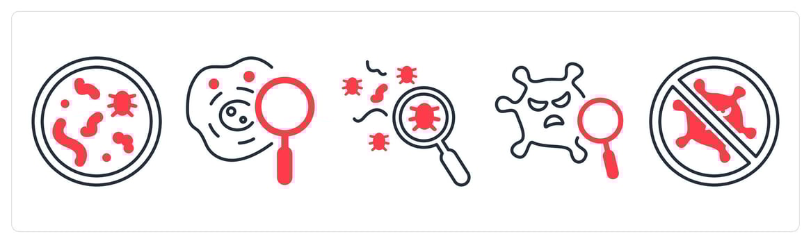 A set of 5 mix icons as bacteria, biochemistry, search infection in red color vector
