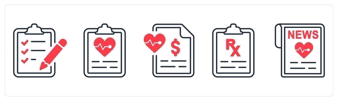 A set of 5 mix icons as appointment request, medical report, medical bill in red color vector