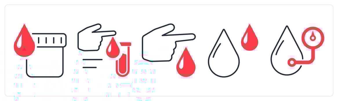 A set of 5 mix icons as dark urine, blood test, hematology in red color vector