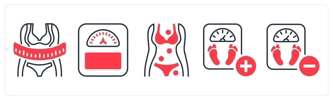 A set of 5 mix icons as diet control, weight management, symptom checker in red color vector