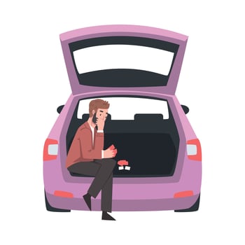 Man Sitting in Car Trunk Playing Cards Game Illustration vector
