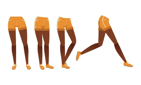 African American Girl Legs in Shorts and Shoes in Various Poses Set, Female Person Character Creation Details Cartoon Illustration vector