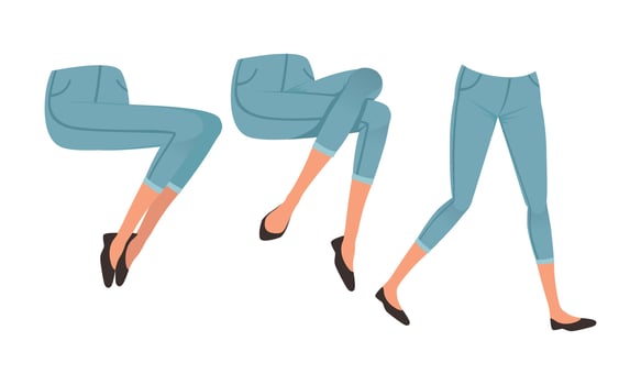 Female Legs in Denim Breeches and Shoes in Various Poses Set, Girl Character Creation Detail Cartoon Illustration vector