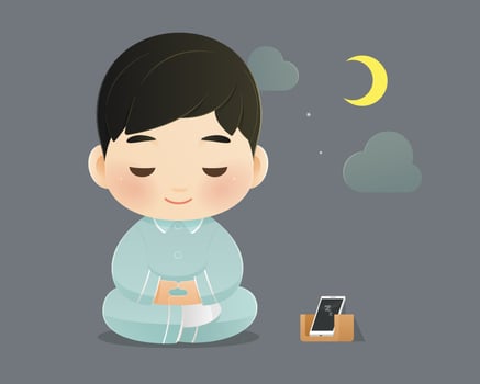 Boy meditating at night with phone vector