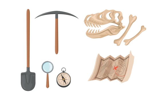 Set of Archaeological Excavation Tools, Prehistoric Dinosaur Skull and Map Cartoon Illustration vector