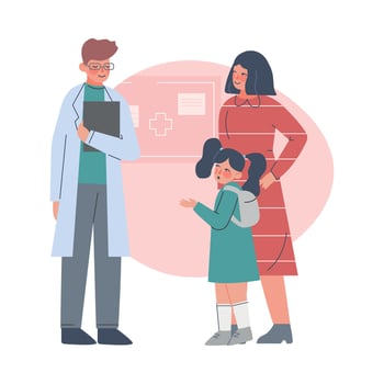 Mom and her Daughter Visiting Doctor, Male Pediatrician Examining Child in Medical Clinic, Health and Medical Treatment for Children Cartoon Illustration vector