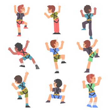 Cute Boys Climbing Wall Set, Kid Climbers Characters Practicing Extreme Sport or Having Fun in Adventure Park Cartoon Style Illustration vector