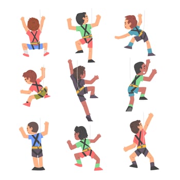 Boy Rock Climbers Characters Set, Cute Kids Climbing Wall, Boys Doing Sports or Having Fun in Adventure Park Cartoon Style Illustration vector