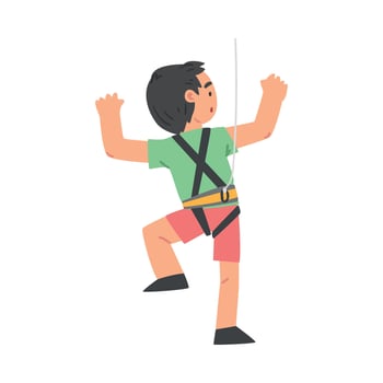 Little Boy Climbing Wall, Back View of Kid Climber Character Practicing Extreme Sport, Having Fun in Adventure Park Cartoon Style Illustration vector