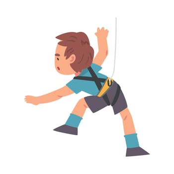 Cute Boy Climbing Wall, Kid Climber Character Practicing Extreme Sport, Having Fun in Adventure Park Cartoon Style Illustration vector