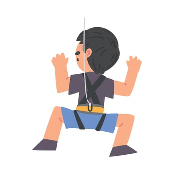 Cute Boy Rock Climber Character, Back View of Kid Wearing Shorts and T-shirt Climbing Wall on Ropes, Boy Doing Sports or Having Fun in Adventure Park Illustration vector