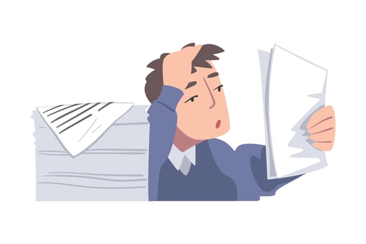 Overworked Man Character at Table with Pile of Papers Illustration vector