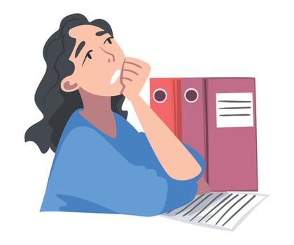 Overworked Woman Character at Table with Papers in Folder Illustration vector