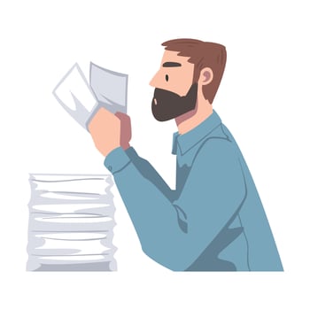 Bearded Man Character Working with Pile of Papers Illustration vector