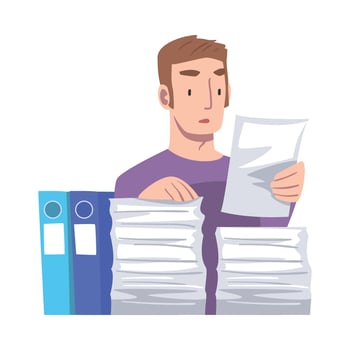 Young Man Character Working with Pile of Papers Illustration vector
