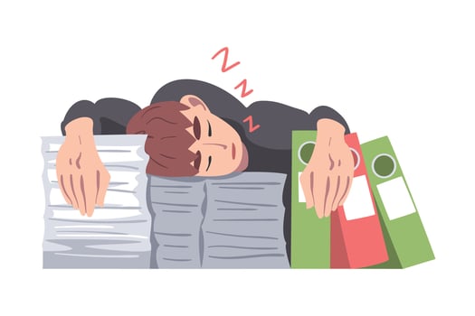 Young Man Character Sleeping Leaning on Pile of Papers Illustration vector