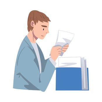Young Man Character Working with Papers and Files Illustration vector