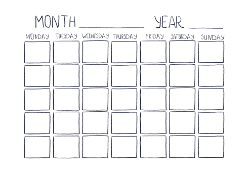 Blank monthly planner printable template. Watercolor hand drawn illustration, cartoon. School, schedule, lessons, activities, planning png