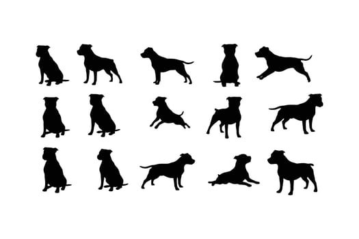 Black dog silhouettes in various poses staffordshire bull vector