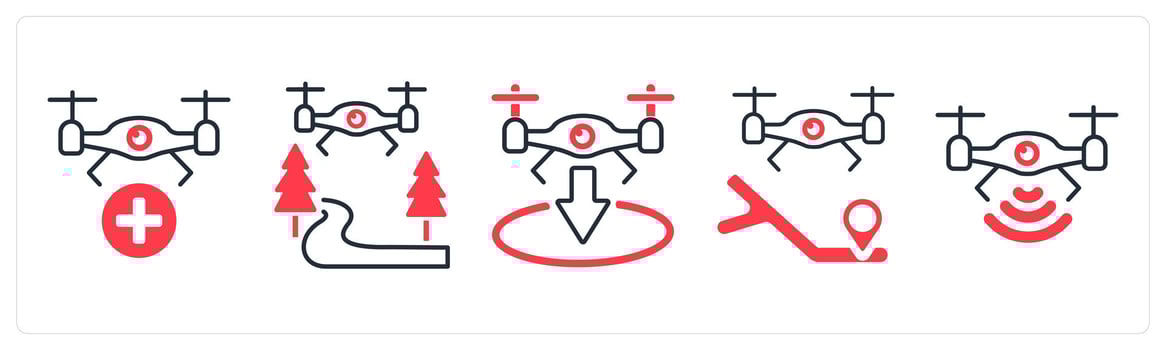 A set of 5 mix icons as medical drone, flying drone, landing drone in red color vector