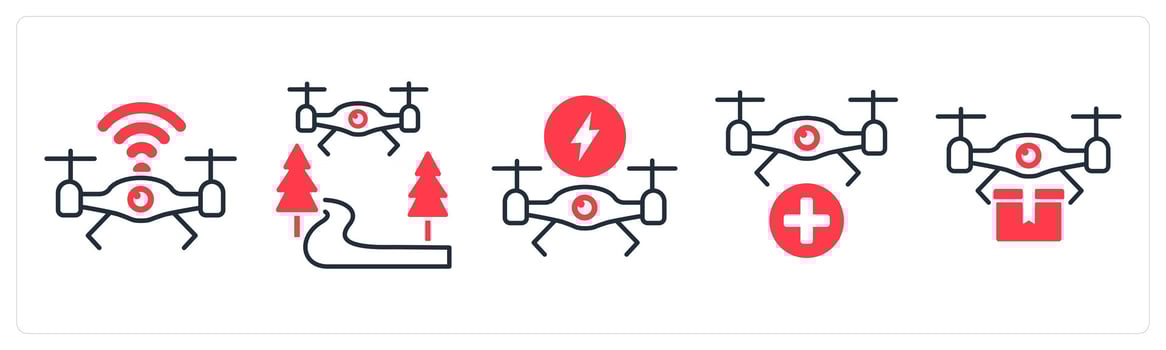 A set of 5 mix icons as drone wifi, flying drone, charging drone in red color vector