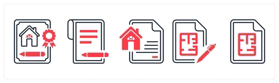 A set of 5 mix icons as mortgage application, contract, house documents in red color vector